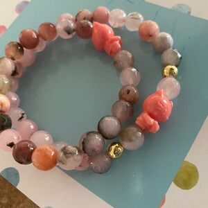 Rose quartz with moss agate Beaded Bracelet Set with Kitty Charm mommy & me